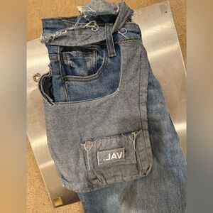 VAL KRISTOPHER Distressed Patchwork  Cargo Space , Belted Jeans Men  W30